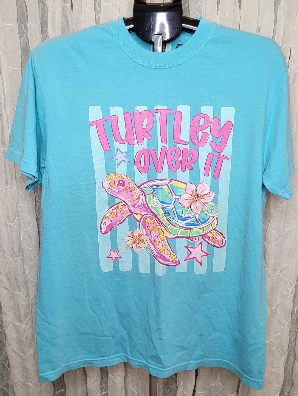 Comfort Colors Sea Turtle Hibiscus Turtley Over It Graphic Tee  L Blue 100%
